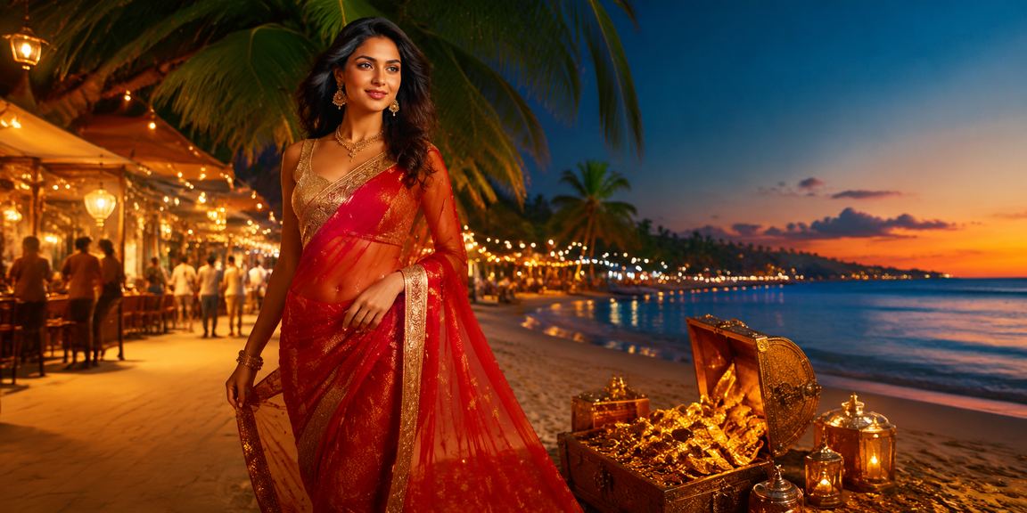 Woman in saree betting at Goa beach