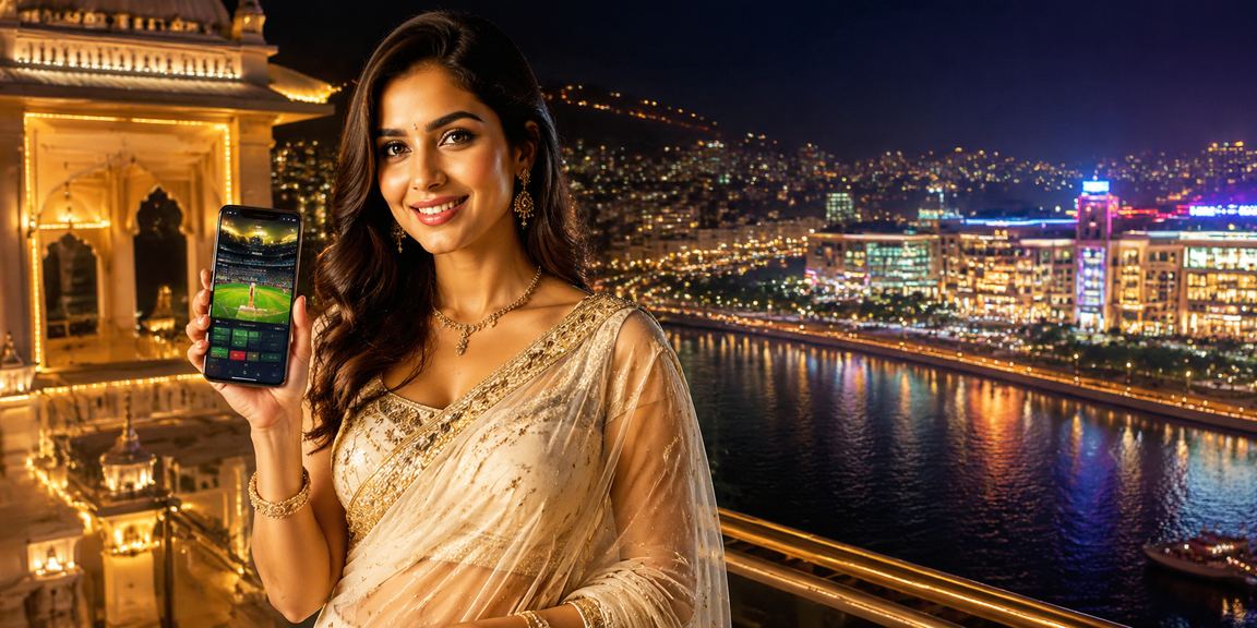 Indian woman enjoying sports betting on mobile device